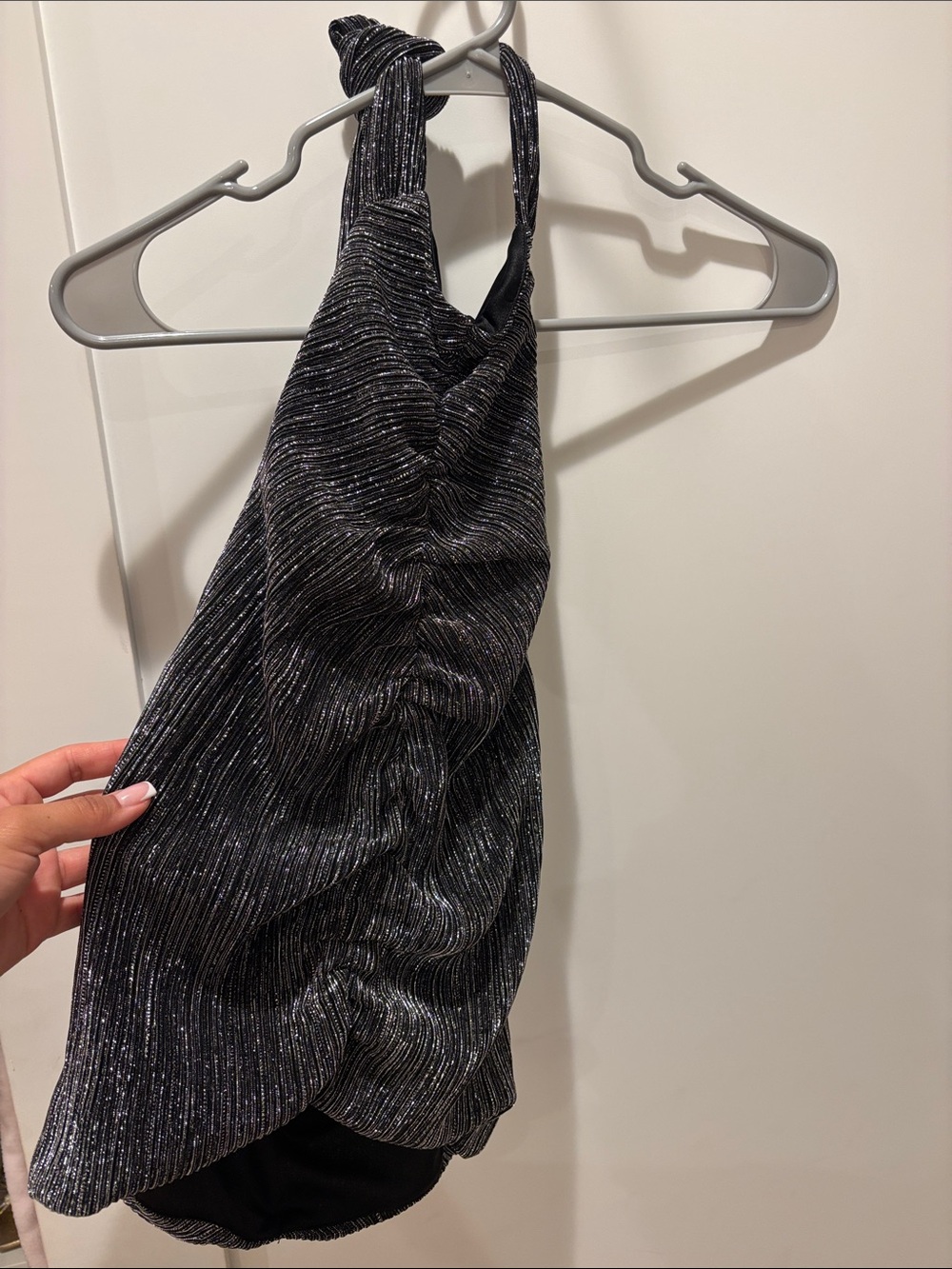 Zara One-Shoulder Metallic Ruched Mini Dress - Black with Silver Sparkle